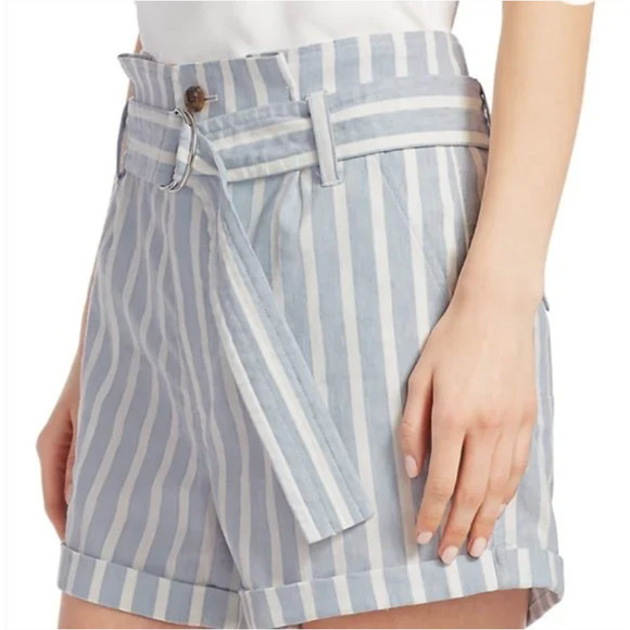Frame Chambray and White Stripe Paperbag A-Line Linen Blend Shorts Size 6 - Picture 3 of 11